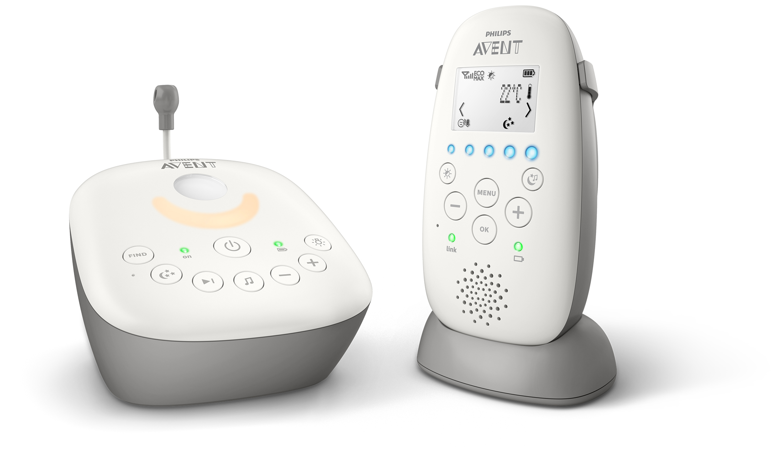 Philips Avent babyfoon set. Witte en grijze apparaten. Schermen, knoppen en luidsprekers.