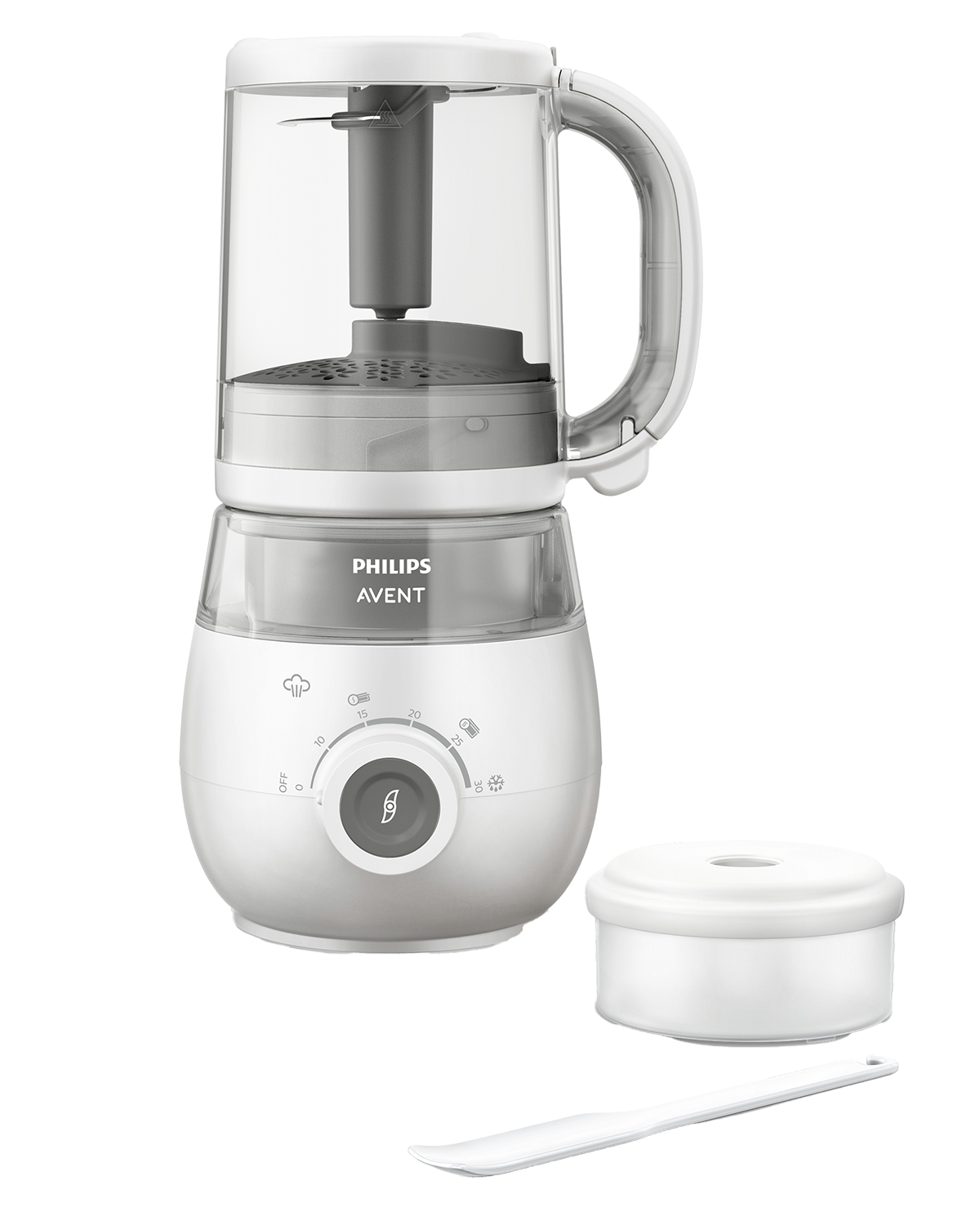 Een wit-grijze Philips Avent babyvoedingmaker met accessoires.