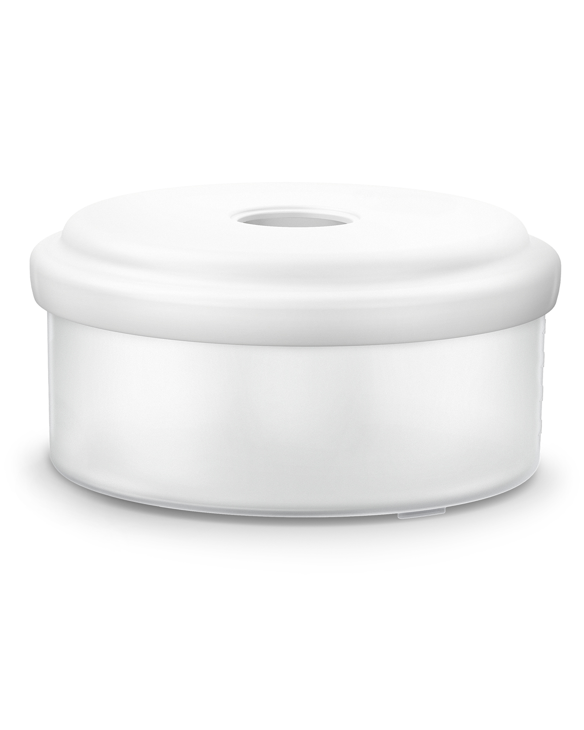 Een wit, rond plastic item met een gat in de bovenkant, geïsoleerd op een witte achtergrond.