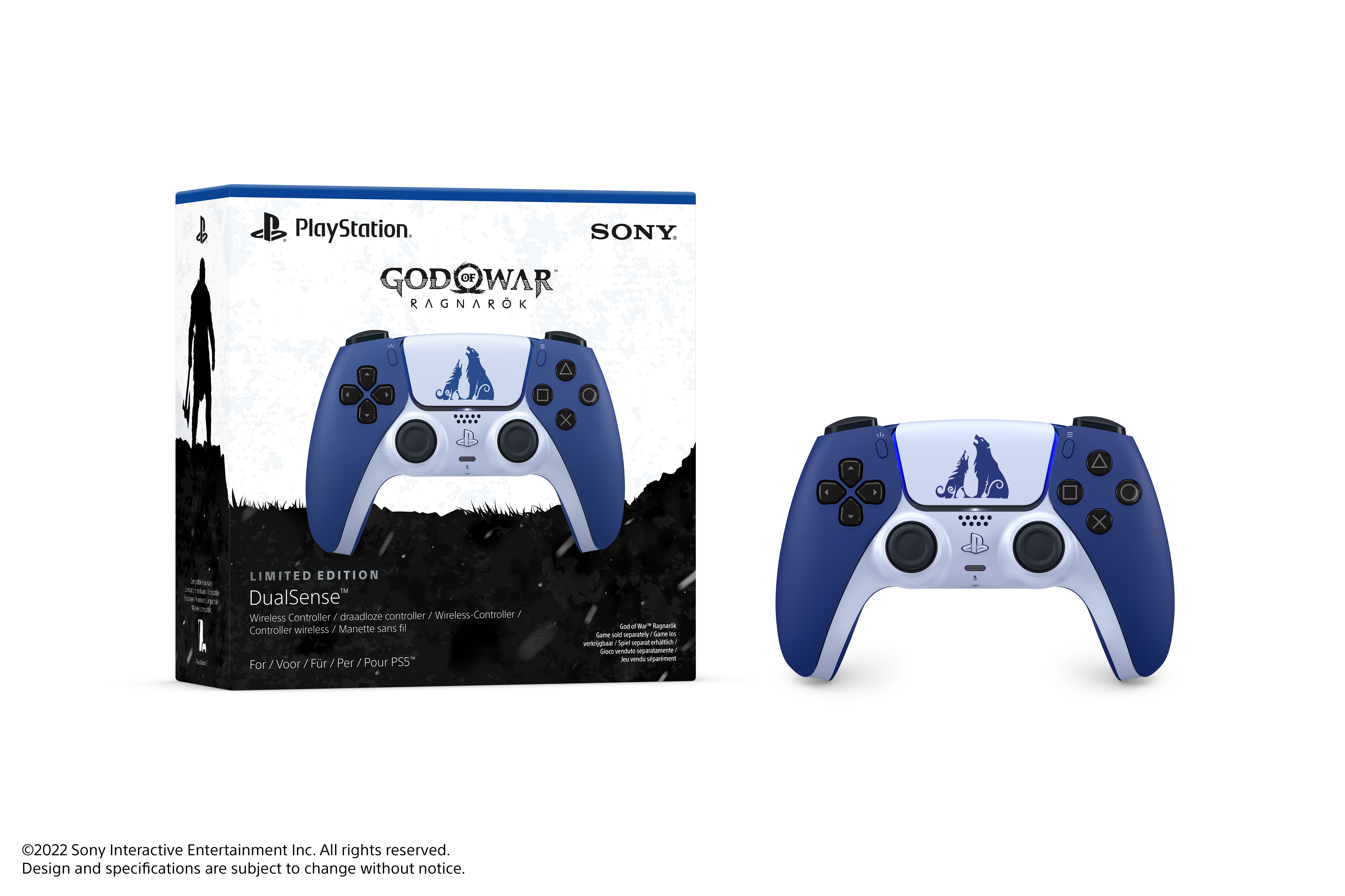 Ein limitierter, blau-weißer PlayStation DualSense-Controller für God of War Ragnarok, mit Box links.