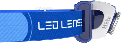Kék-fehér fejlámpa, a LED Lenser márkanévvel a pánton.