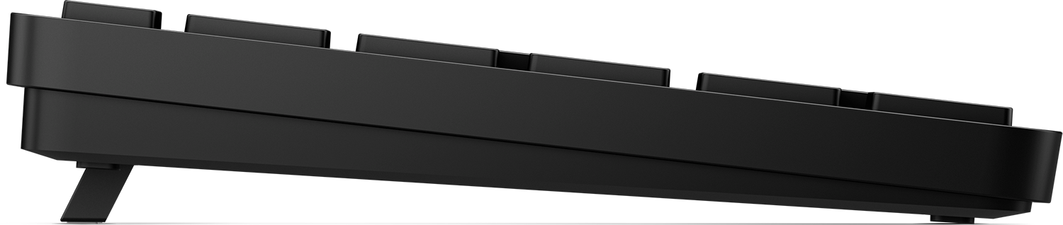 A black keyboard, side view, with a raised back and adjustable feet.