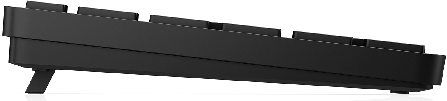 Black keyboard side view, angled up, with keys. White background, shadows visible.