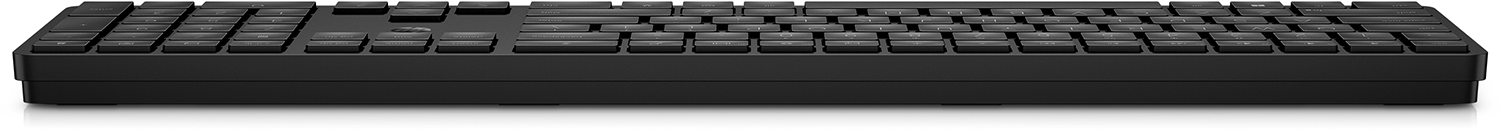 Black keyboard with rectangular keys, low profile, and a flat, angled base. The keys are evenly spaced and labeled.