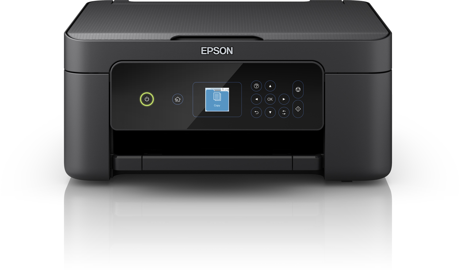 Black Epson printer with display and buttons on a white surface.
