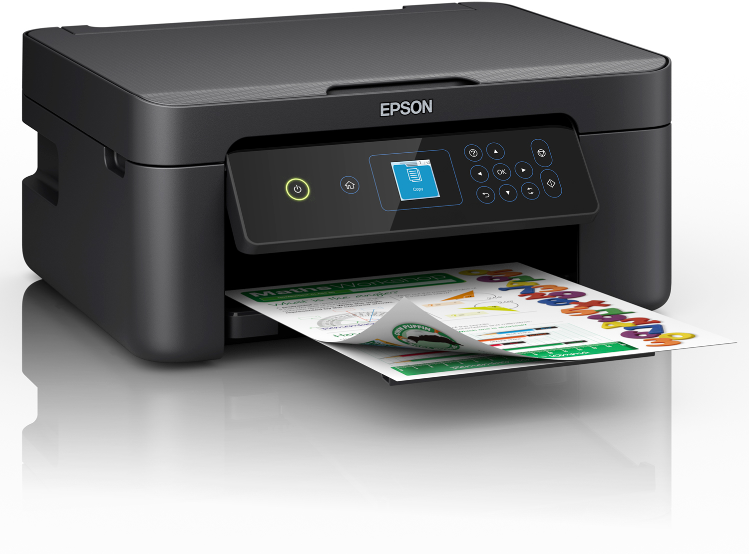 Black Epson printer. A printed page is coming out. Has a display screen with buttons. White background.