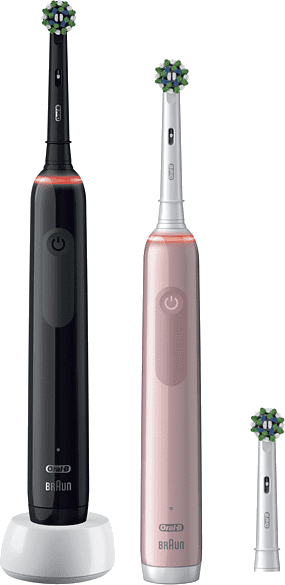 Trois brosses à dents électriques Oral-B : noire, rose et blanche. Chacune avec une tête de brosse.