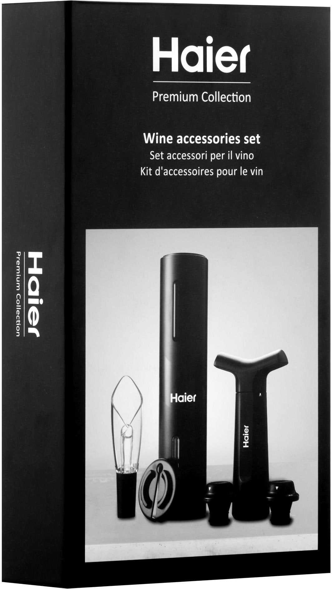 Un coffret noir avec des accessoires pour le vin, avec la marque 'Haier'.