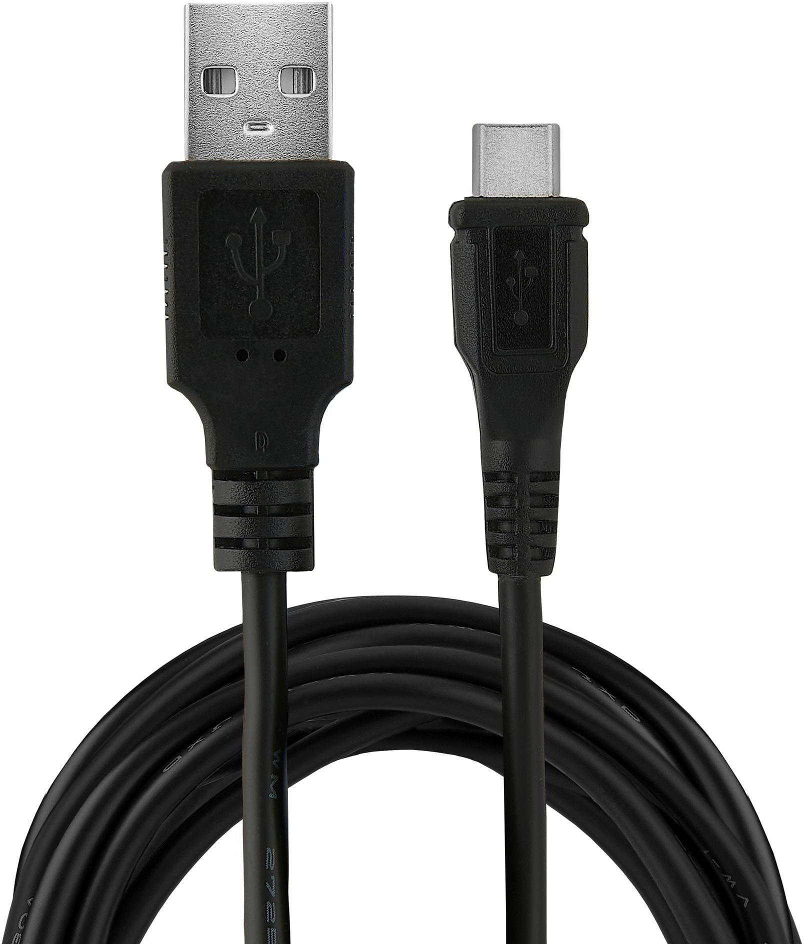 Câble USB noir avec connecteurs USB-A et USB-C. Le câble est enroulé et les connecteurs sont côte à côte.