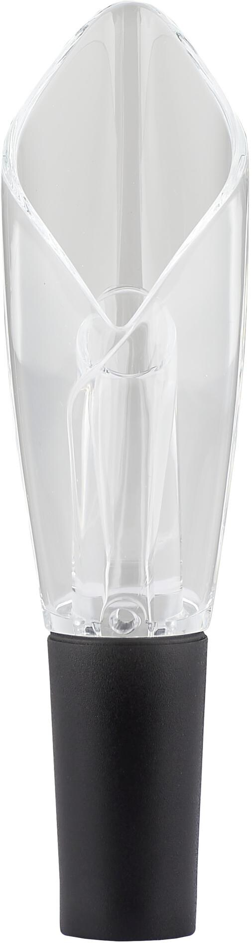 Aérateur de vin transparent avec bouchon noir, isolé sur blanc.