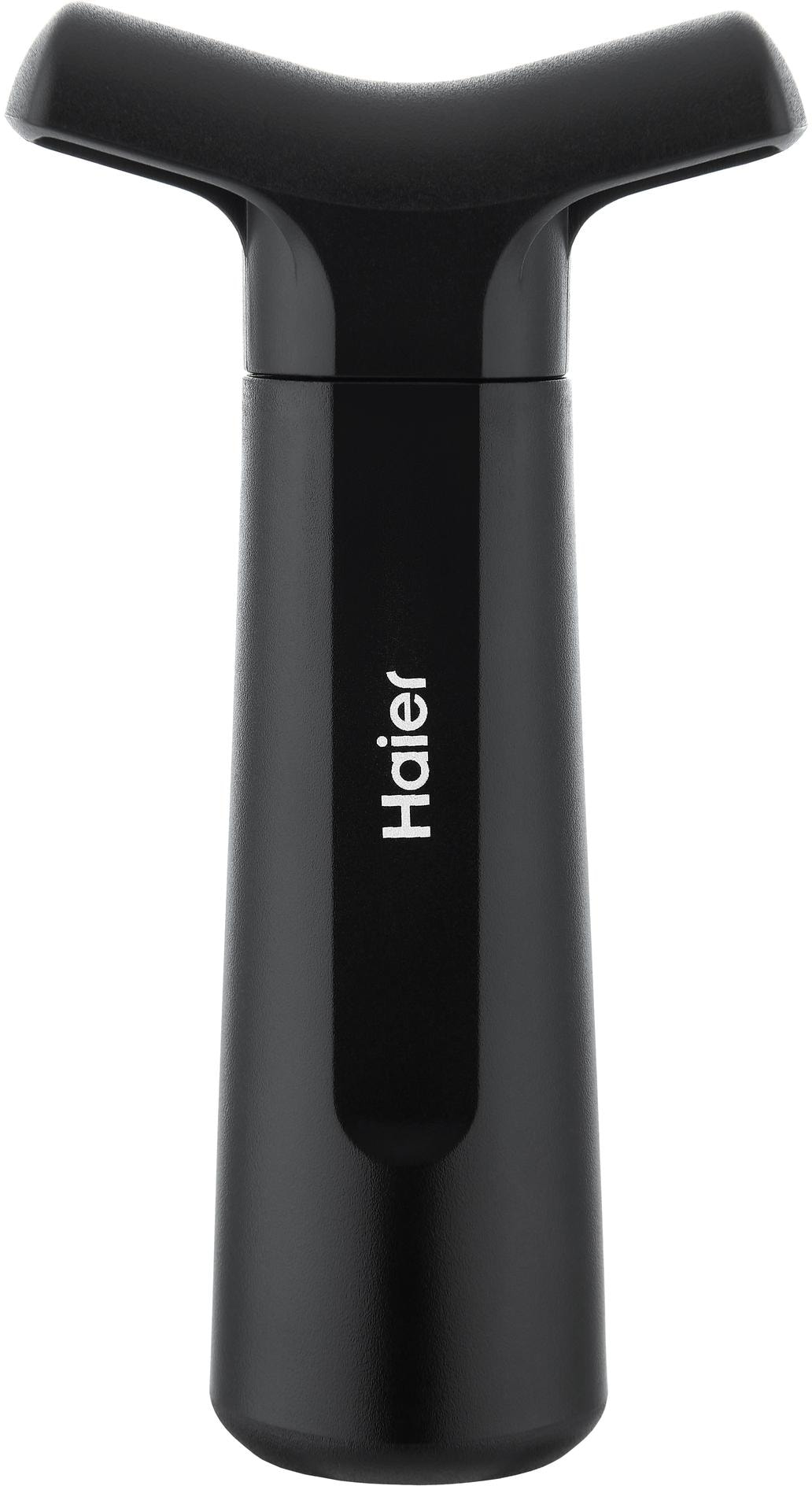 Une pompe à vide pour bouteille de vin noire. La pompe a une poignée et le mot "Haier" dessus.