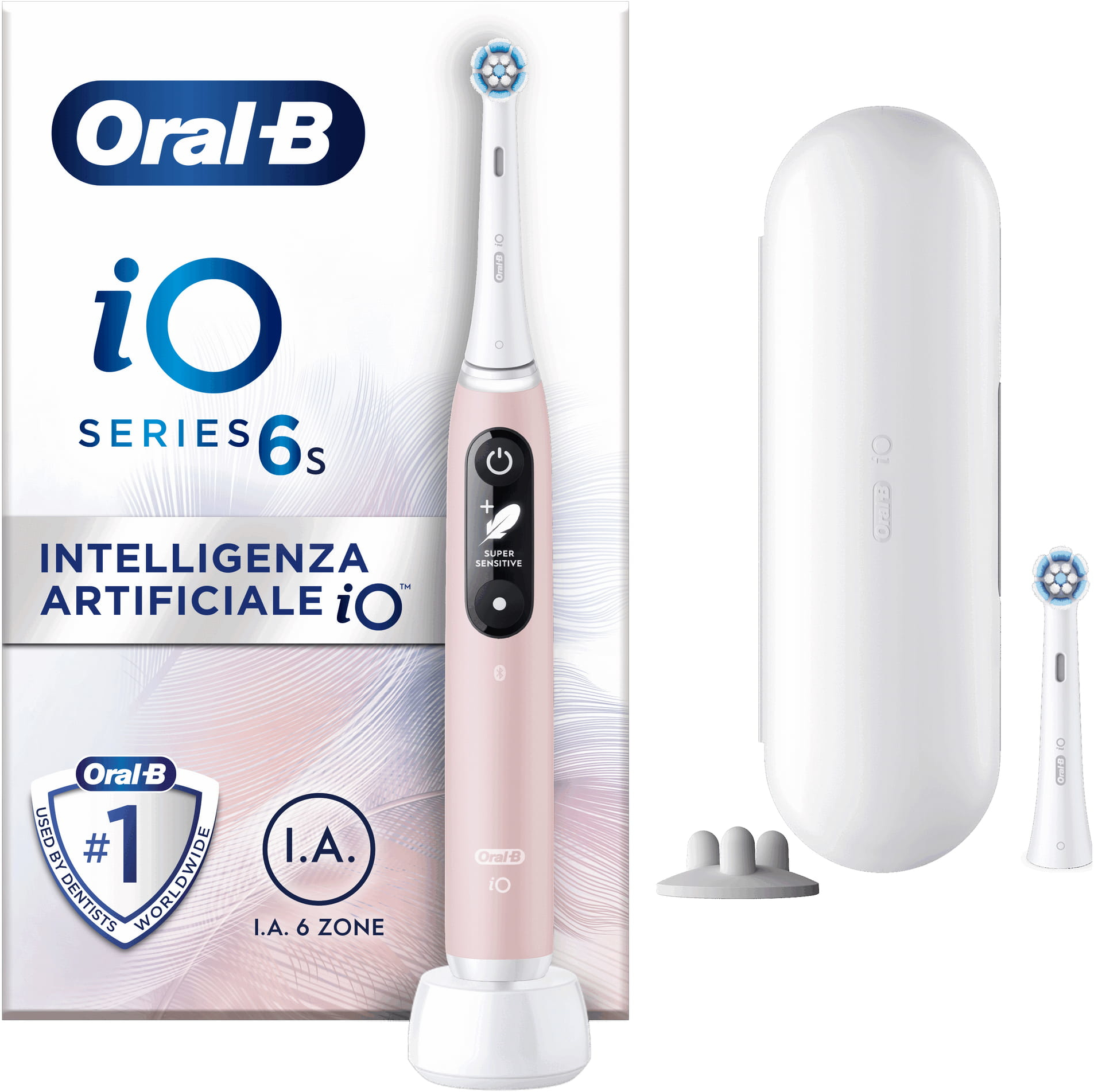 Un ensemble de brosse à dents électrique Oral-B iO Series 6s. Comprend brosse, chargeur et tête de rechange.