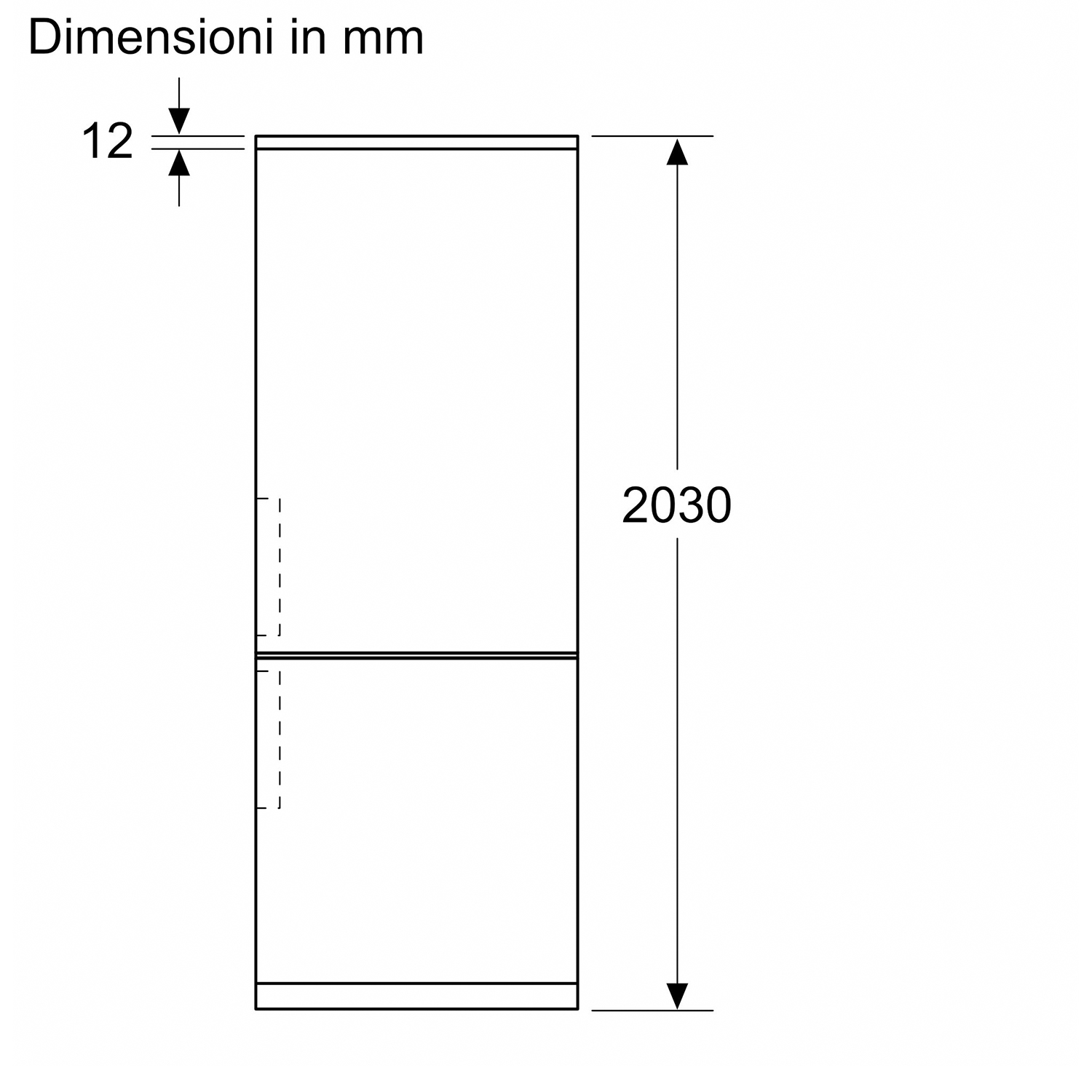 Disegno schematico di un frigorifero, che mostra altezza e profondità.