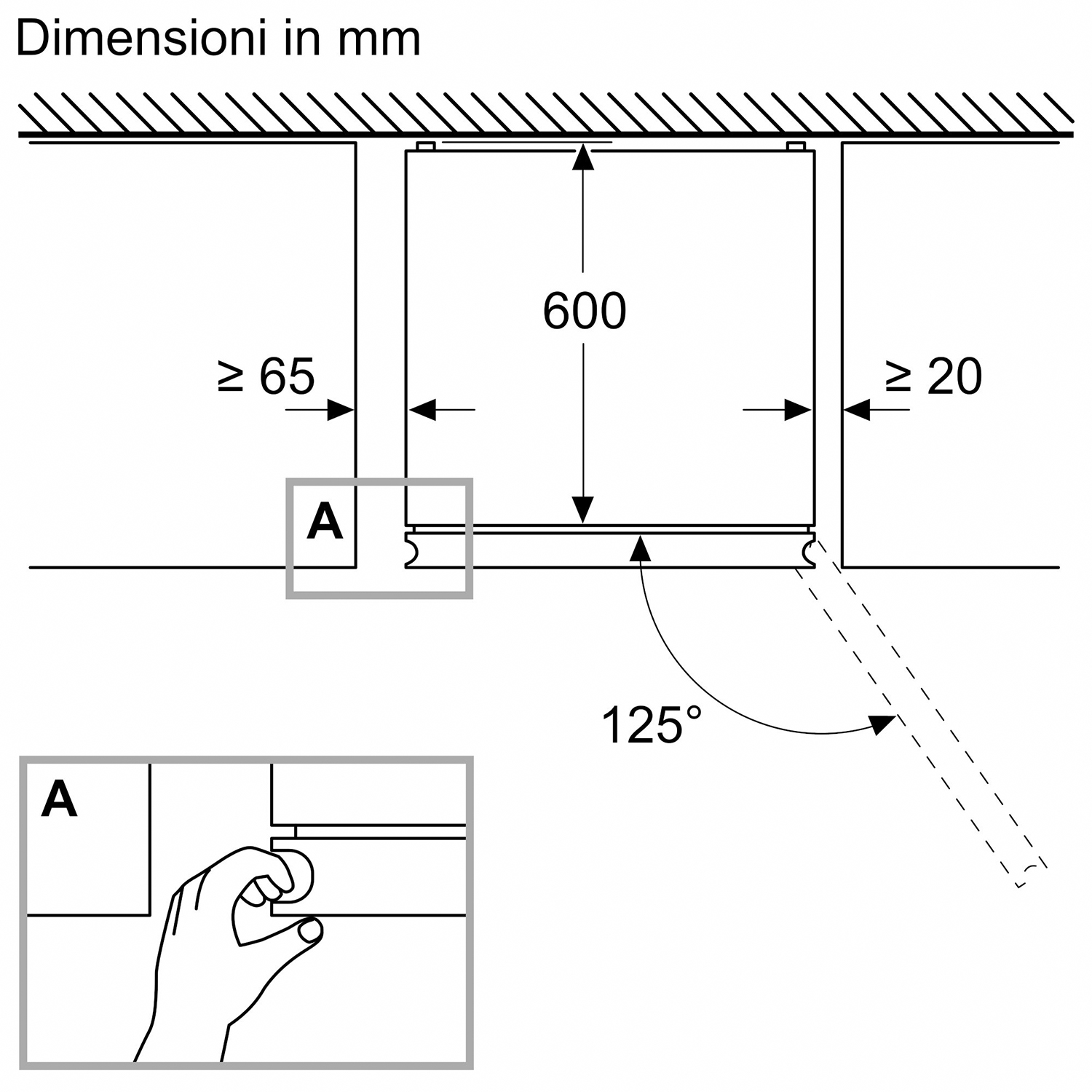 Diagramma con dimensioni e installazione per un elettrodomestico ad incasso.