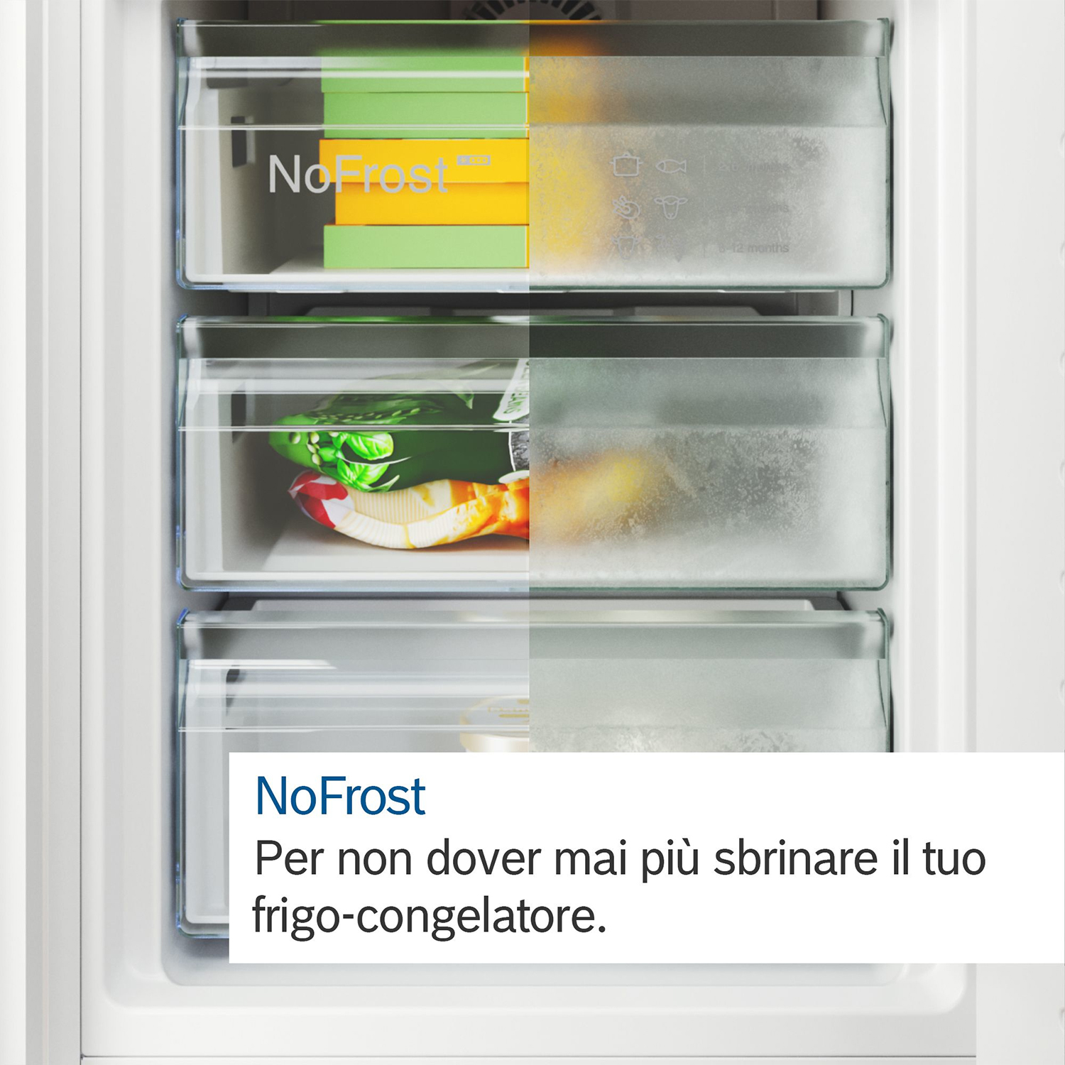 Primo piano dell'interno di un frigorifero con tre cassetti trasparenti e la parola NoFrost.