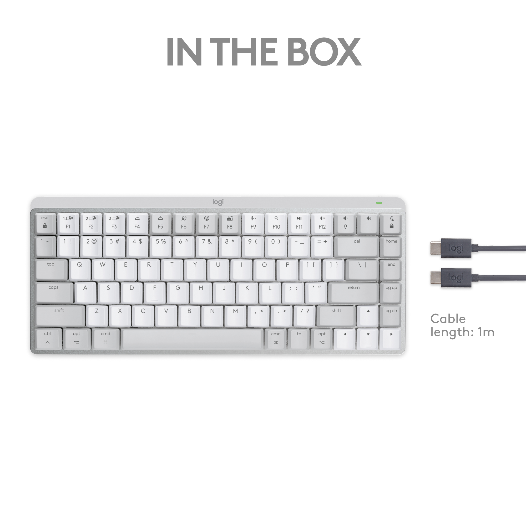 Tastatur und zwei Kabel. Die Tastatur ist weiß mit schwarzen Tasten. Ein Kabel ist angeschlossen.