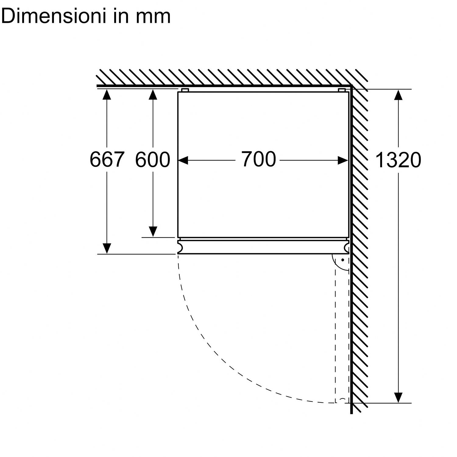 Disegno lineare di un frigorifero. Dimensioni in mm: 667, 600, 700 e 1320. Sfondo bianco.