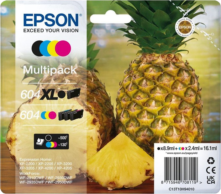 Epson Tintenpatronenpackung mit Ananas und einem Teil einer Ananasscheibe.
