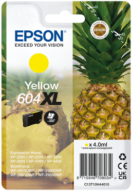 Epson Tintenpatrone. Gelbe Tinte. Ananas-Illustration. Gelbe und grüne Farben.