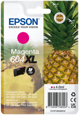 Epson Tintenpatrone. Magenta Farbe, Ananas und Epson Branding auf weißem Hintergrund.