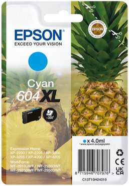 Epson Cyan 604XL Tintenpatrone in einer Packung mit Ananas-Grafik.
