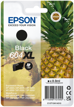 Epson schwarze Tintenpatrone. Eine schwarze Tintenpatrone mit Ananas und schwarzem Hintergrund.