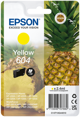 Epson Tintenpatrone, gelb, mit Ananas und Produktinformationen. Enthält das Epson-Logo.
