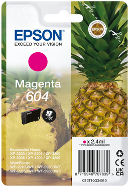 Epson Magenta Tintenpatrone. Ananas im Hintergrund, mit Text und Etiketten.