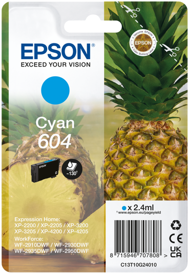 Epson Cyan 604 Tintenpatronen-Verpackung mit Ananas-Hintergrund.