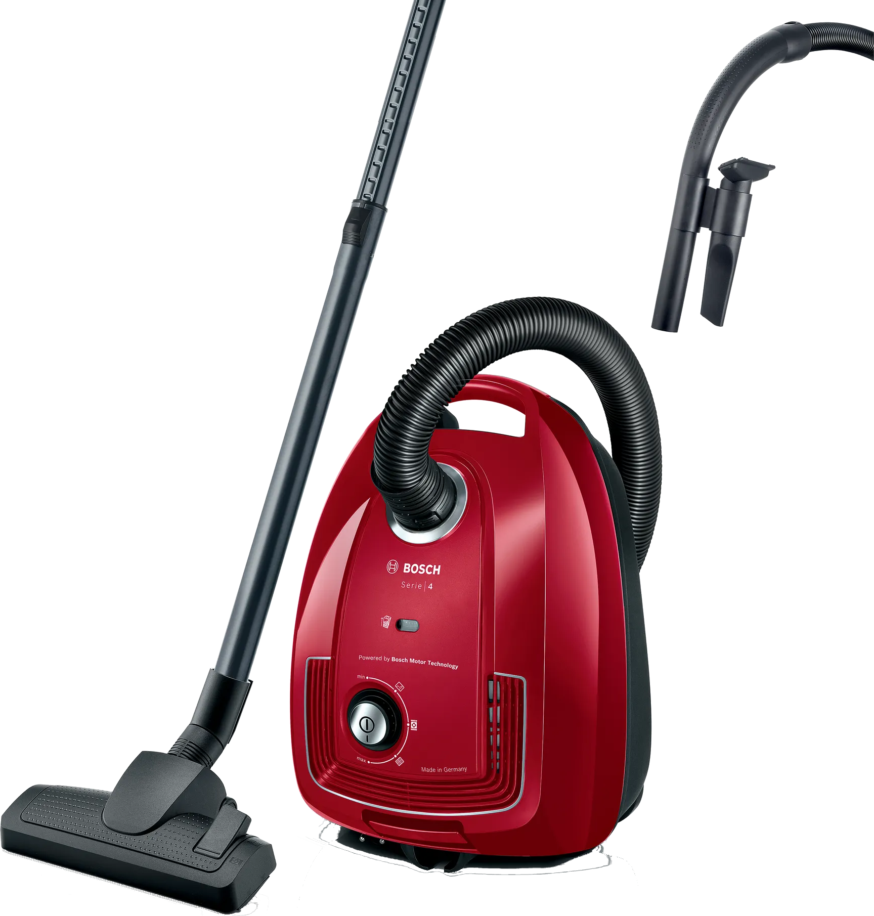 BOSCH BGB38RD2 Porzs. porszívó,átkapcs.görgős szívófej, rés-, kárpitszívófej, teljesítményszab.gomb,piros