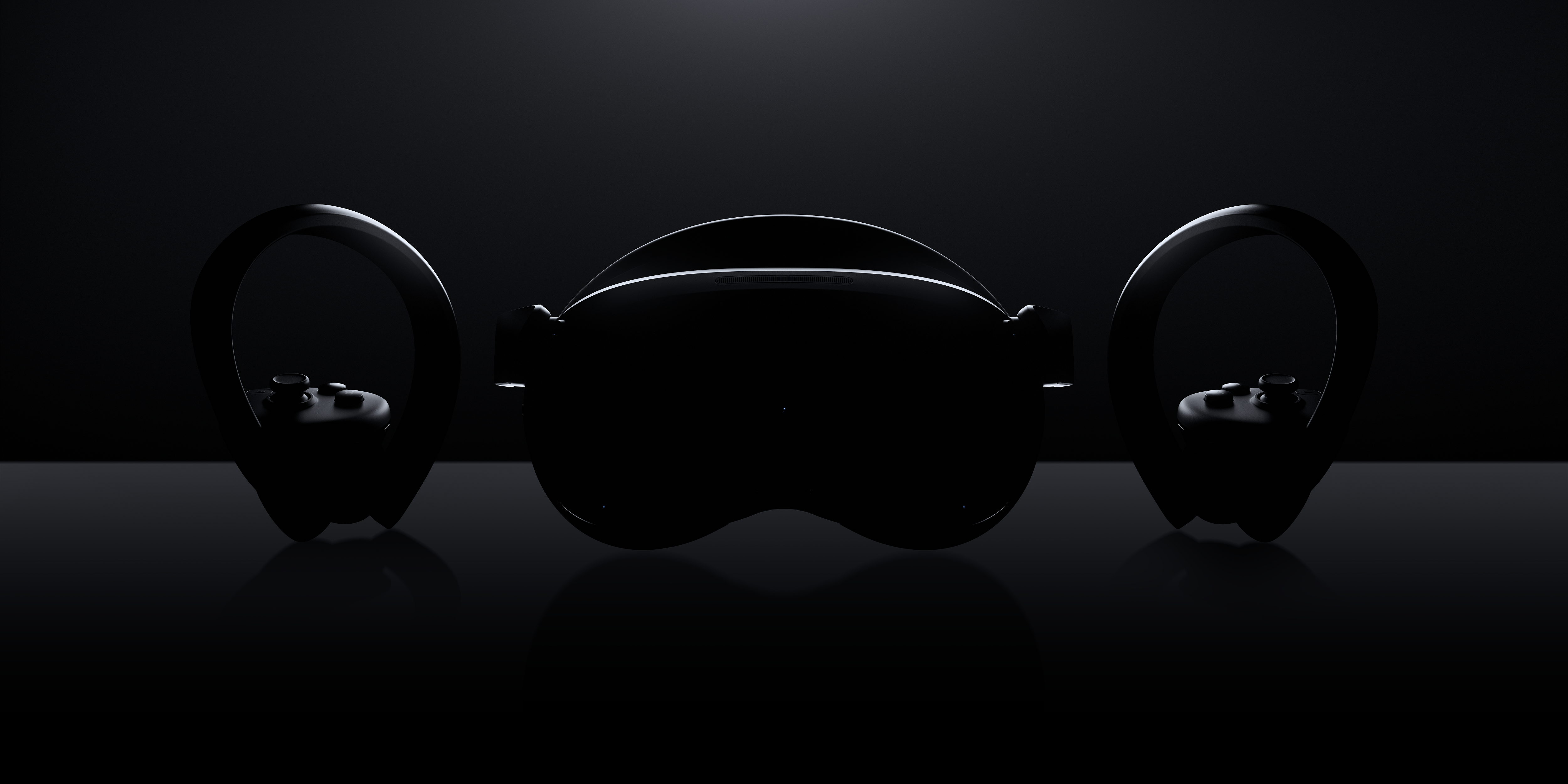 VR-Headset und Controller auf dunkler Oberfläche, verschwommener Hintergrund.