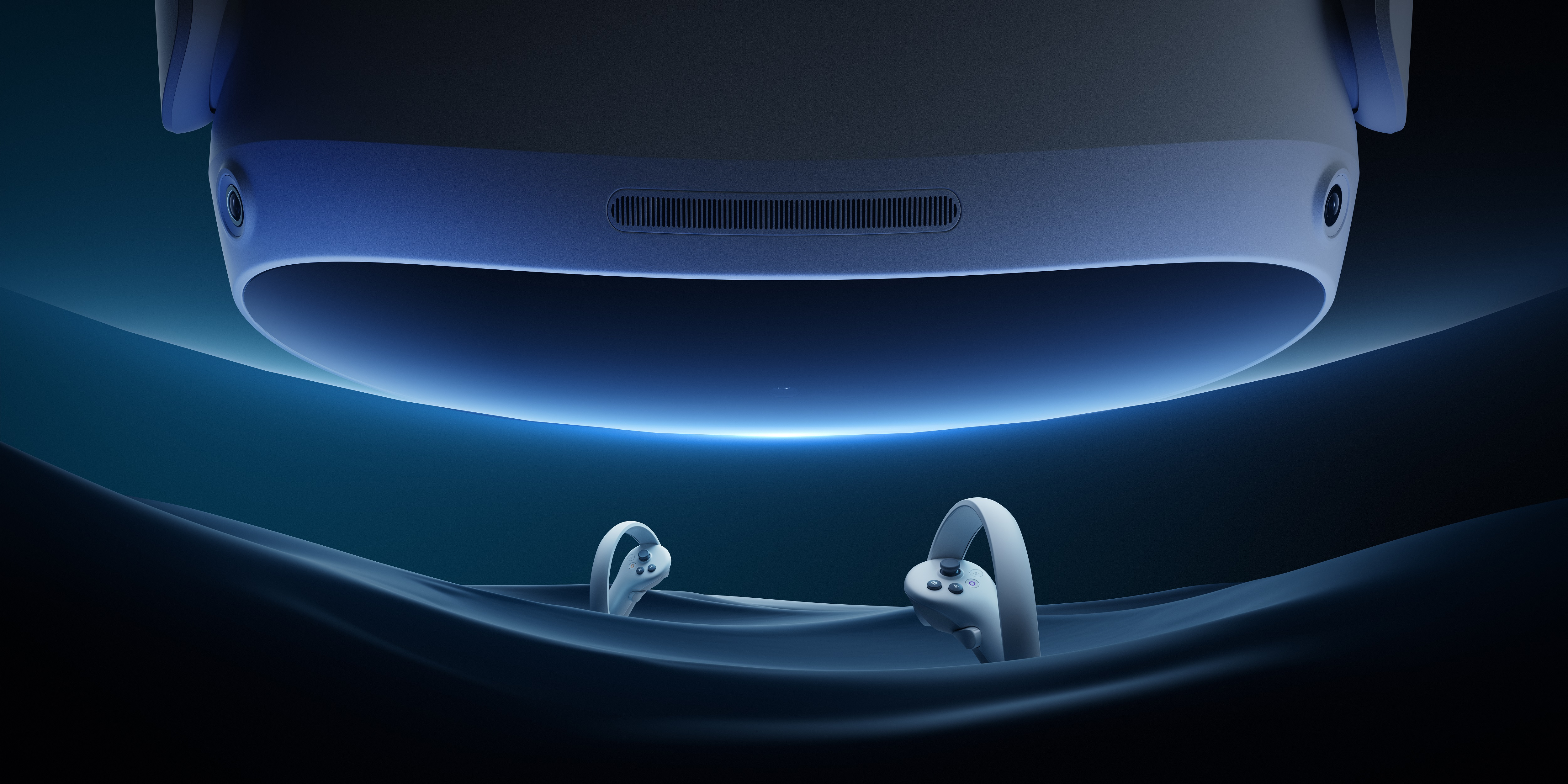 VR-Headset und Controller schweben in blauem Nebel. Die Controller sind im Vordergrund.