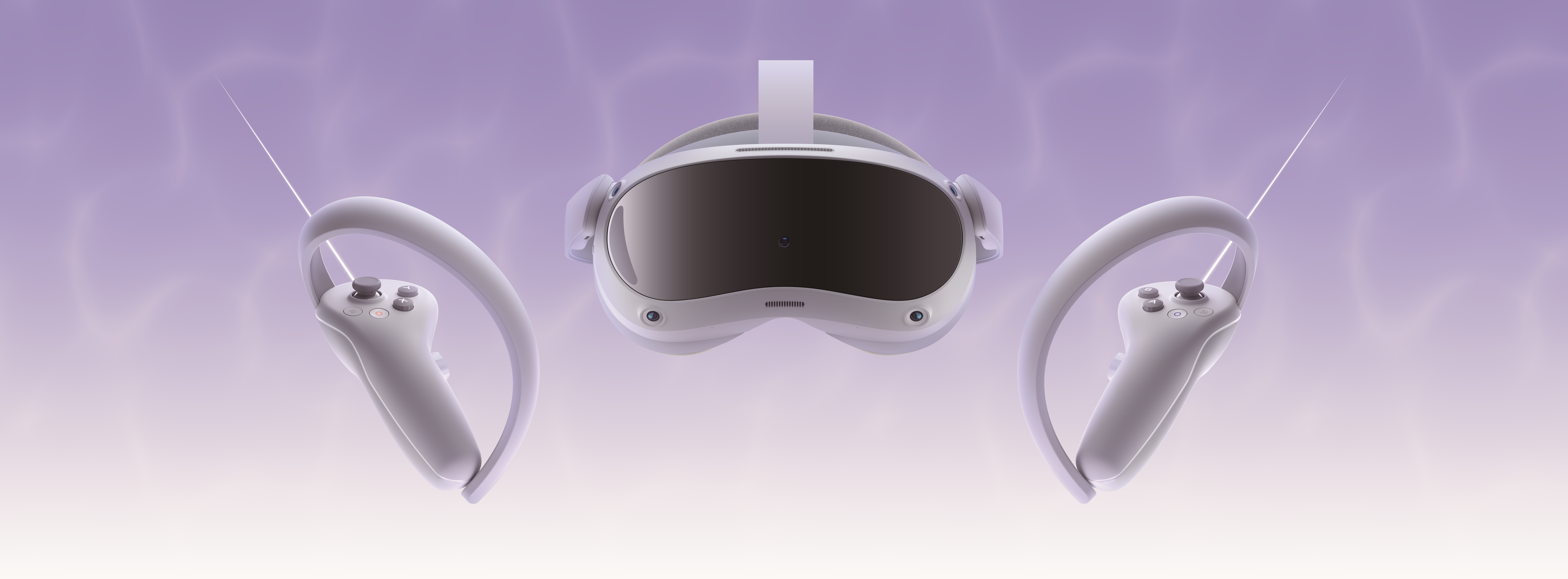 Ein weißes VR-Headset und Controller schweben vor einem lila Hintergrund. Das Headset ist zentriert, mit Controllern auf beiden Seiten.