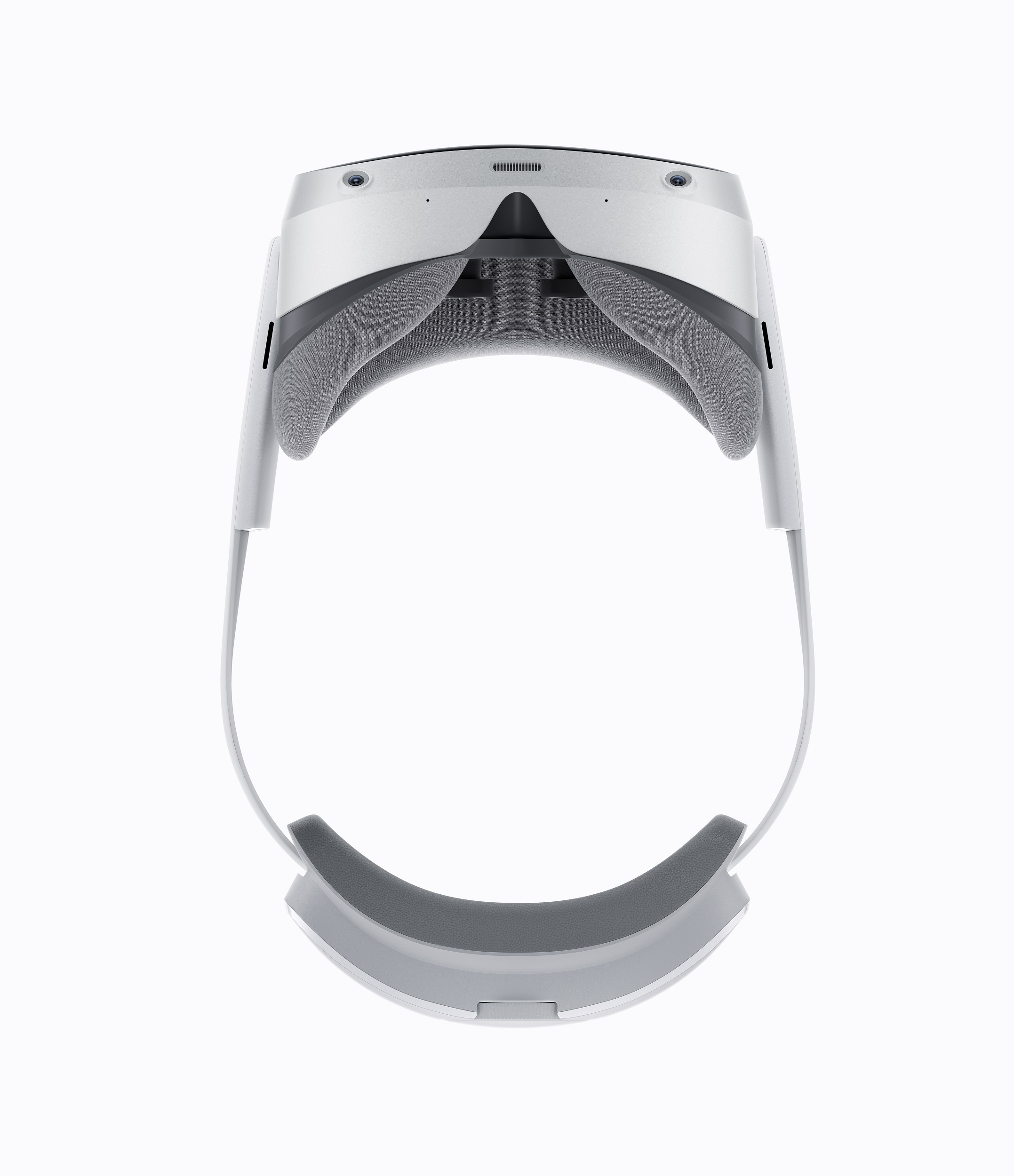 Weißes VR-Headset mit verstellbaren Riemen, Vorderansicht, isoliert auf weißem Hintergrund.