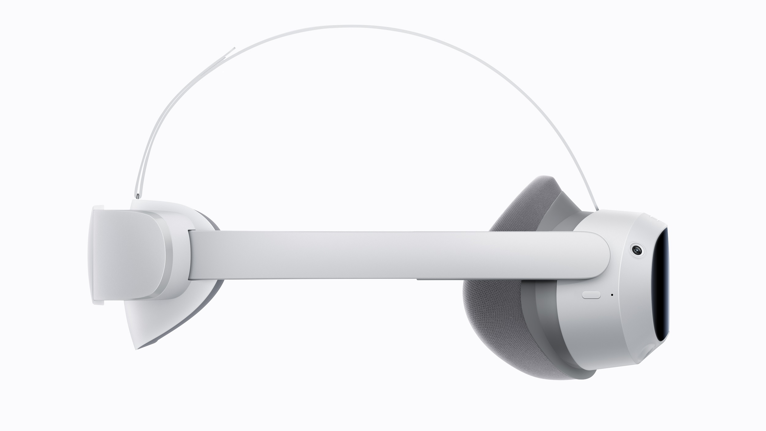 Ein weißes VR-Headset wird von der Seite gezeigt und zeigt das Trägerdesign.