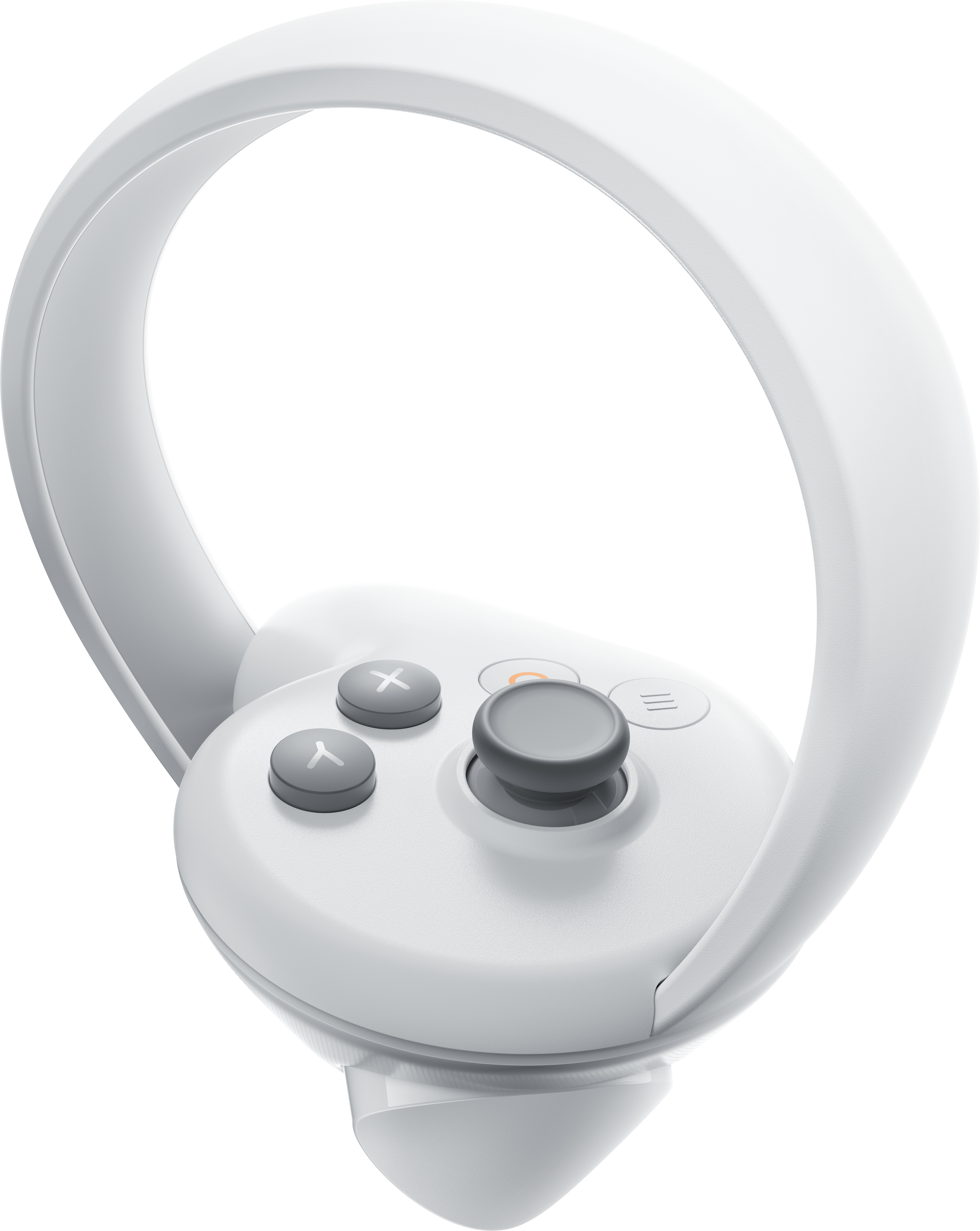 Ein weißer VR-Controller mit Halo-Design. Es hat Knöpfe und einen Joystick.