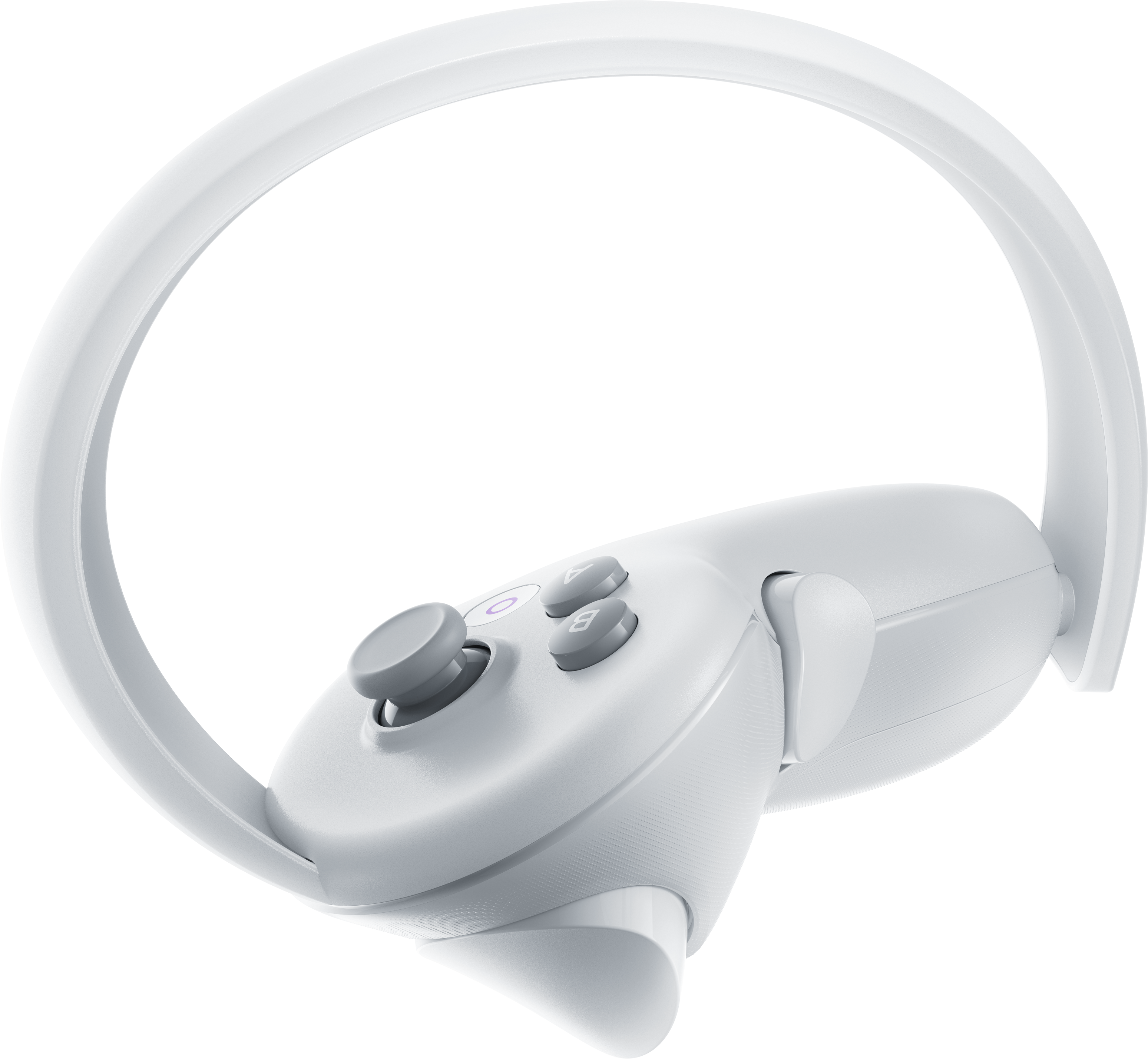 Weißer VR-Controller mit weißer Schlaufe, Knöpfen und Joystick.