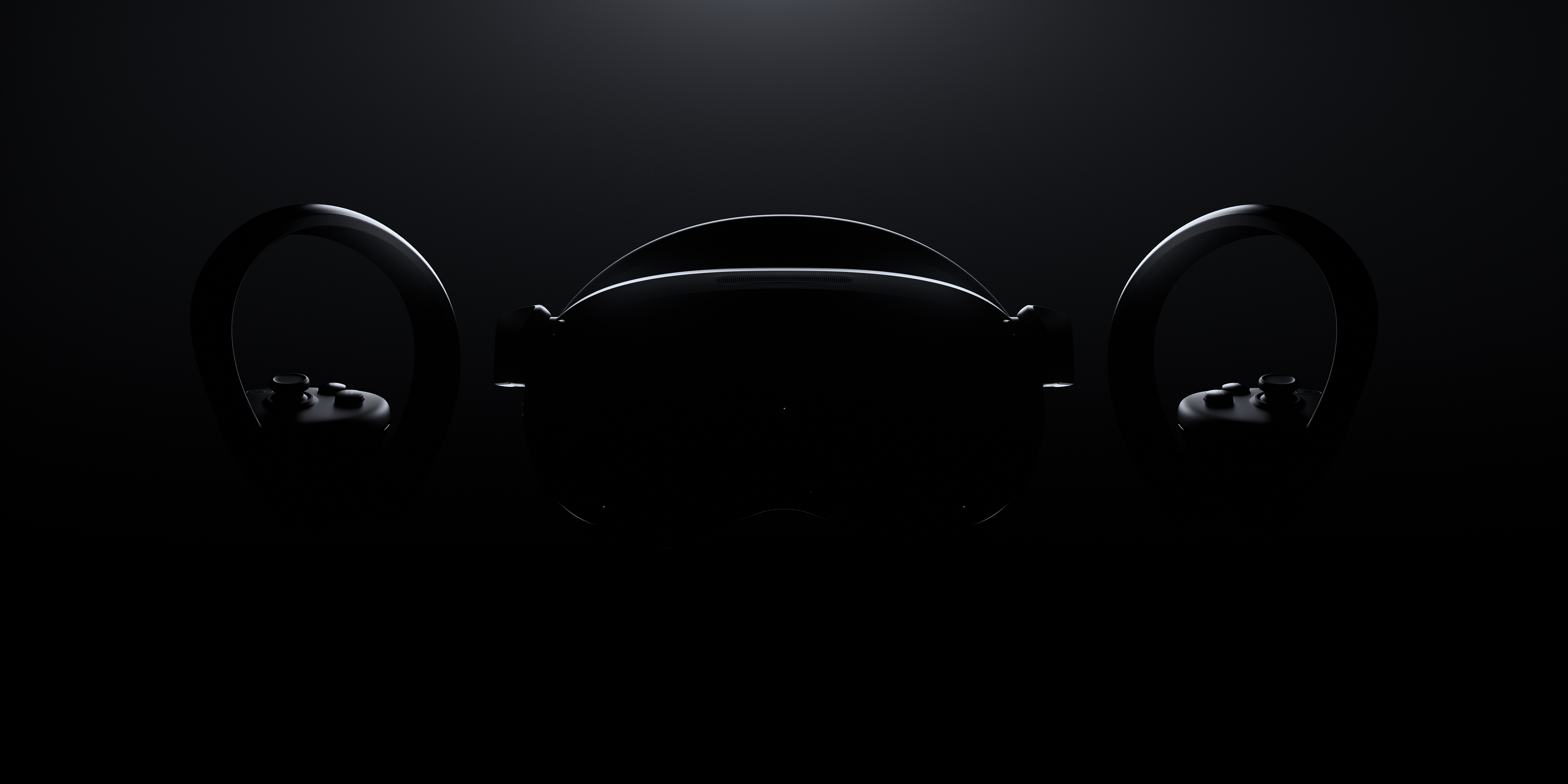 Ein dunkles VR-Headset mit Controllern, alles als Silhouette.