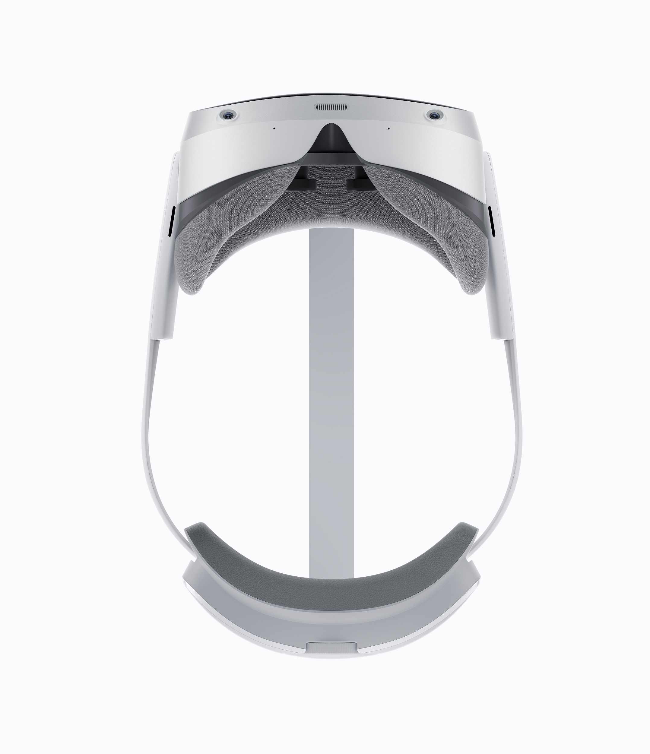 Ein weißes VR-Headset, vorderseitig, auf einem weißen Ständer. Das Design des Headsets ist schlank mit grauer Polsterung.