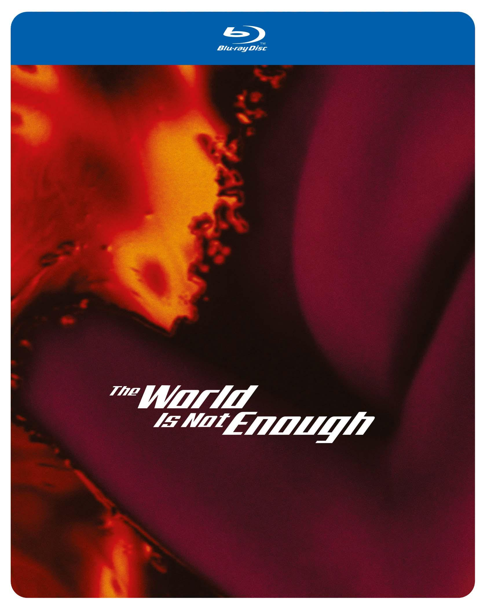 Jaquette Blu-ray pour The World Is Not Enough. Montre un arrière-plan rouge et orange flou.