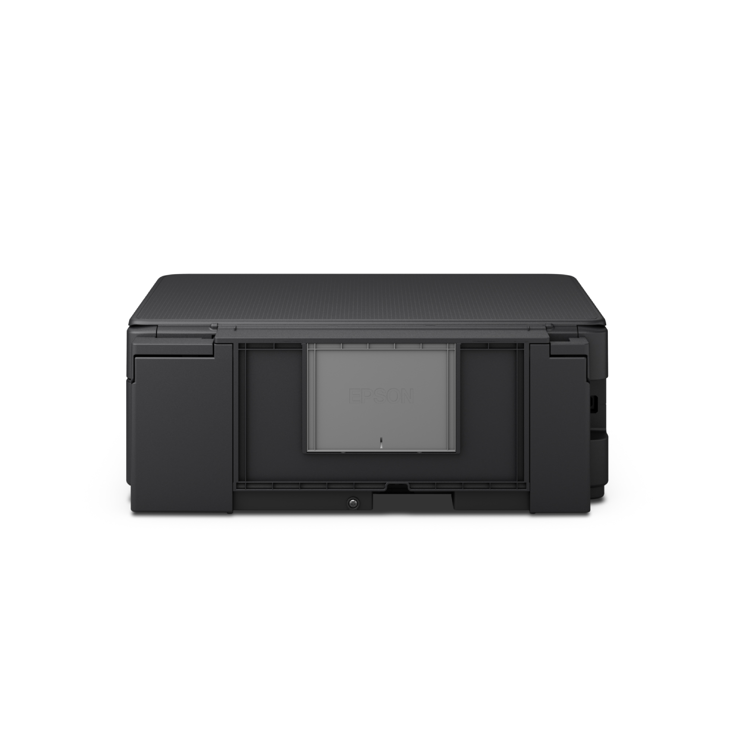 Zwarte printer, vooraanzicht, Epson-logo, witte achtergrond.