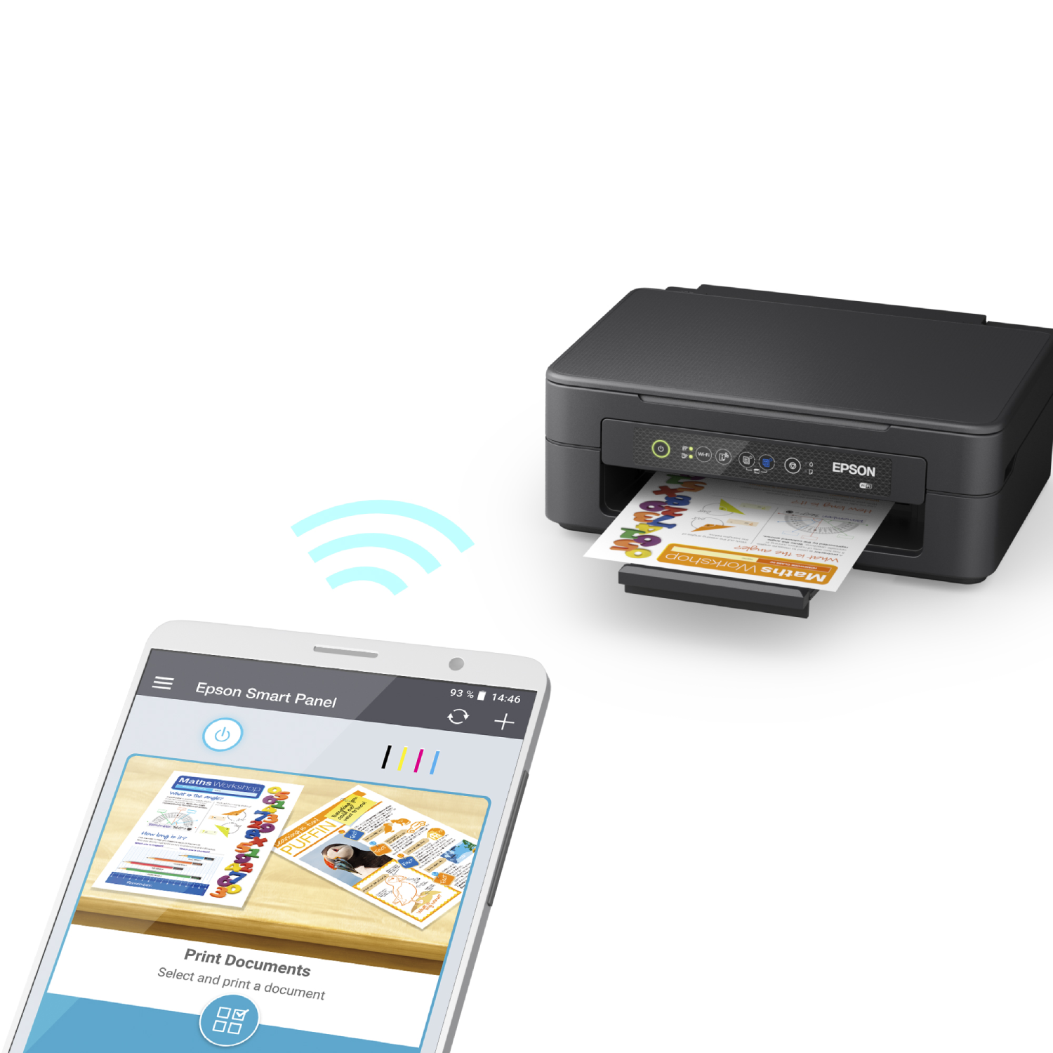 Zwarte Epson-printer die een kleurrijk document afdrukt vanaf een smartphone.