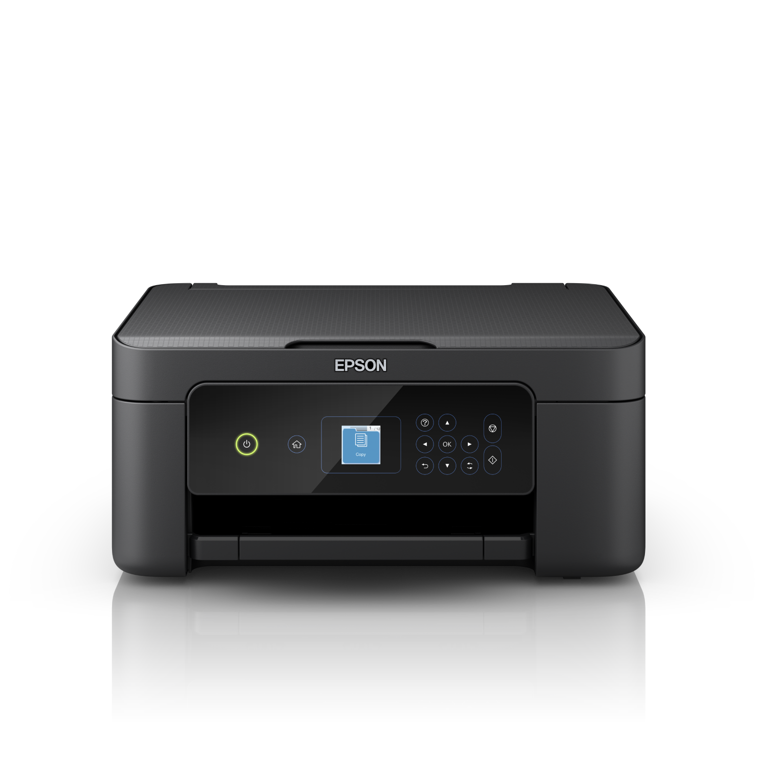 Black Epson printer on black background. Small screen, power button on the left.