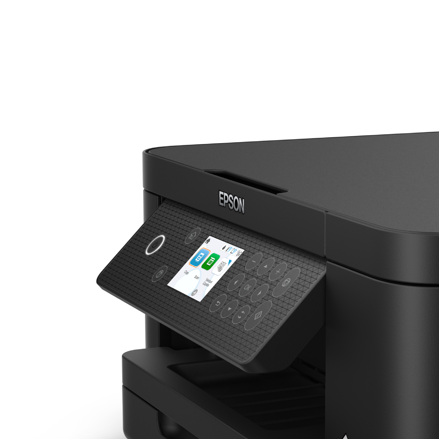 Black printer with a screen displaying settings.
