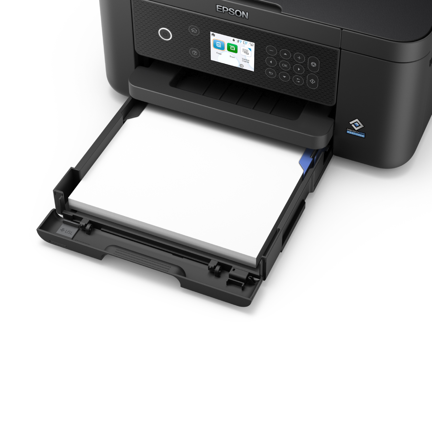 An Epson printer with a paper tray extended, showing white paper.