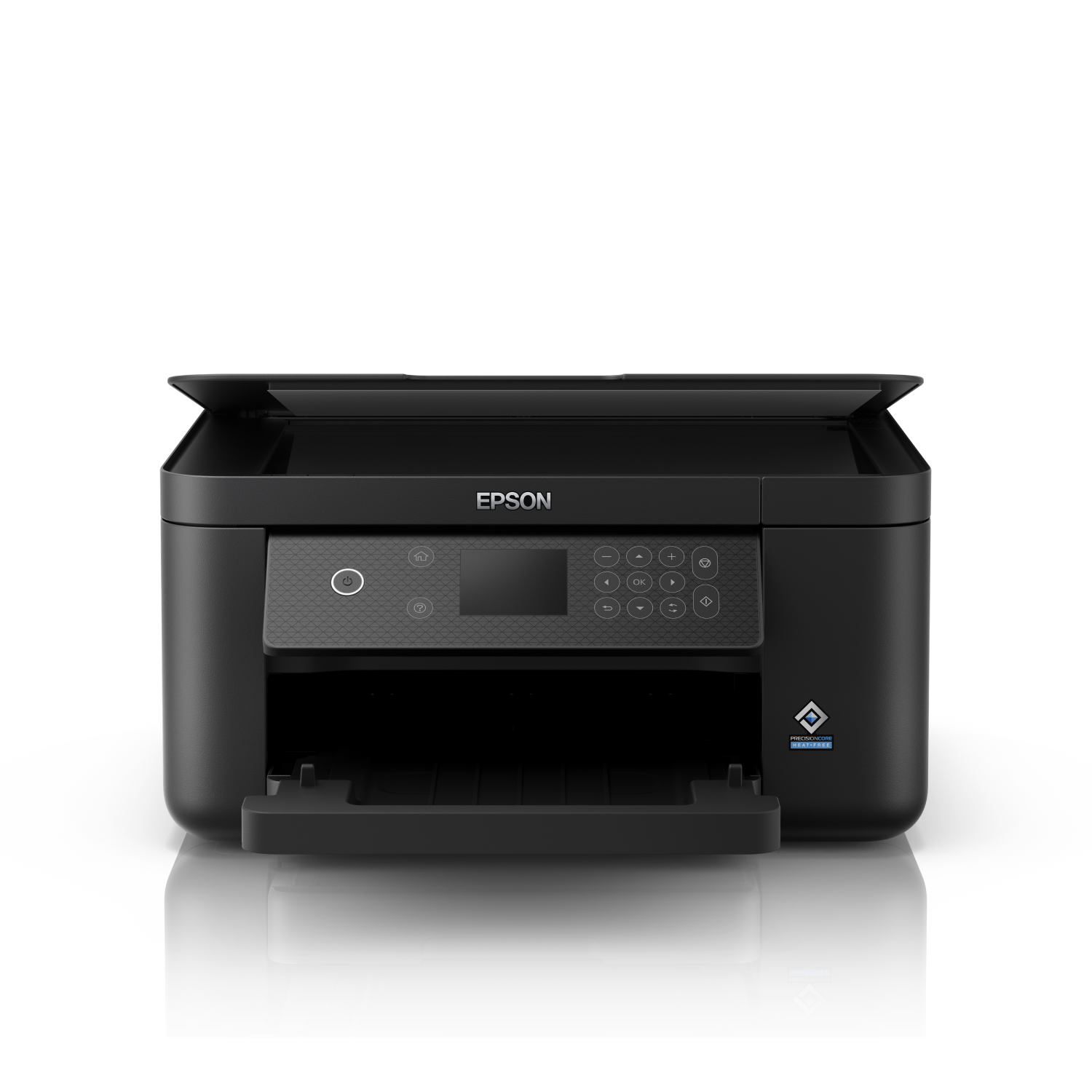 Black Epson printer with a front panel and open paper tray, set against white.