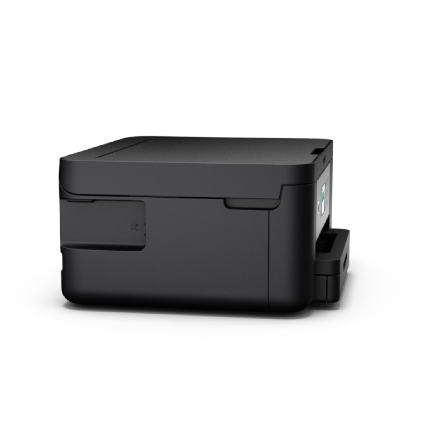 A black printer on a white background. The printer is shown from a side view.