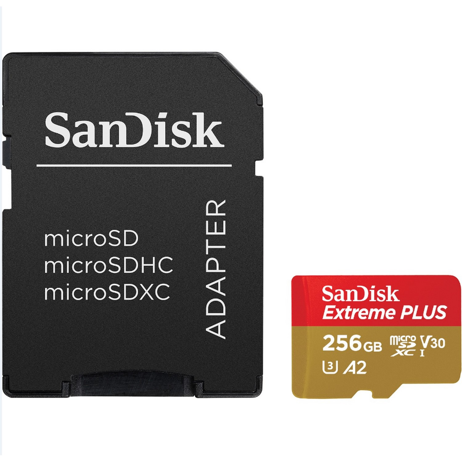 Tarjeta microSD SanDisk negra con adaptador. También presente tarjeta SanDisk Extreme PLUS roja y blanca.