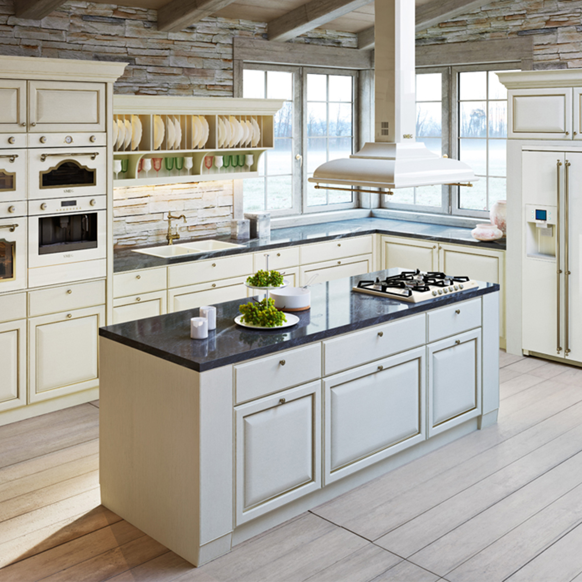 Un interno cucina con un'isola bianca e elettrodomestici.