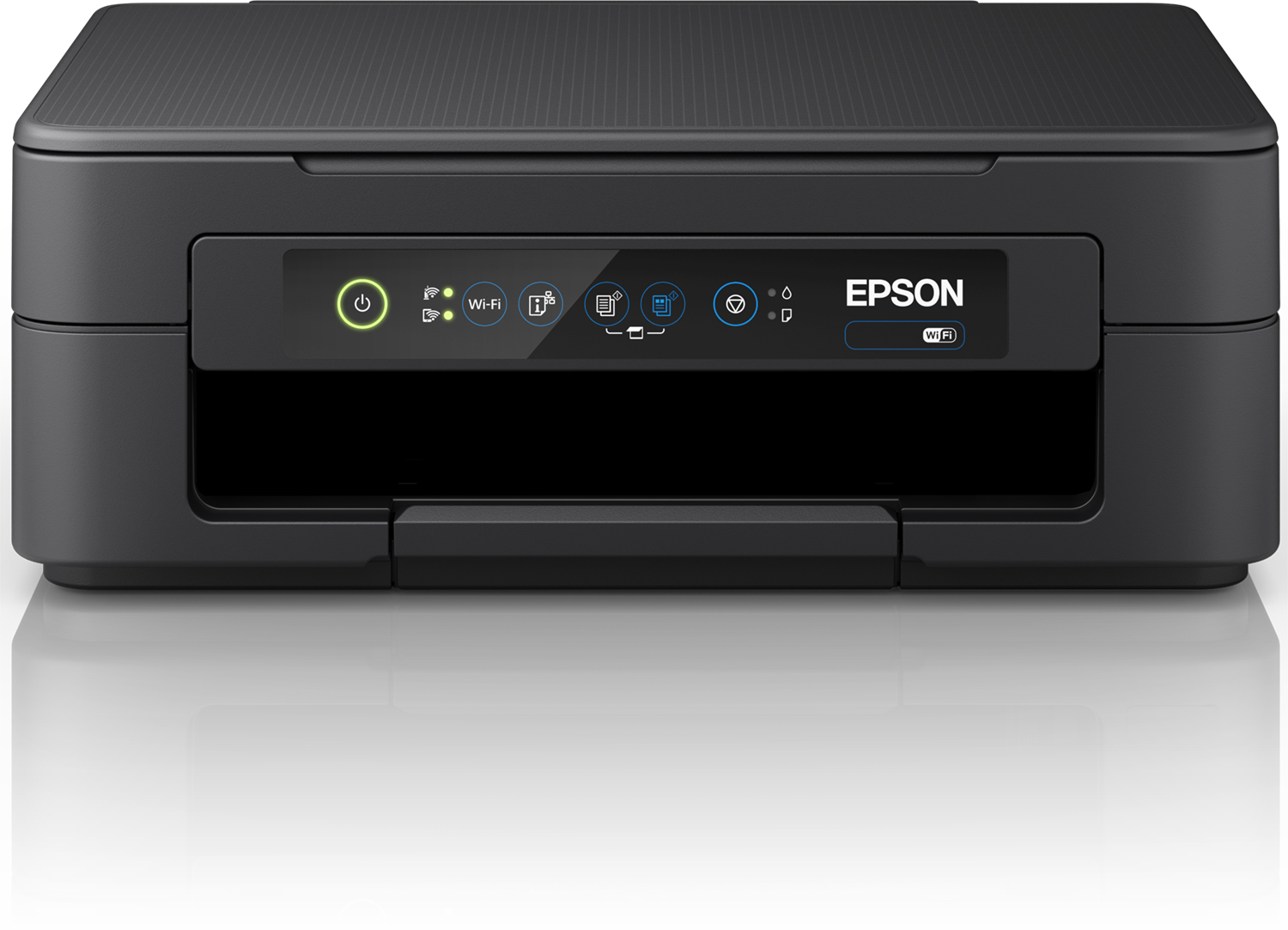 Black Epson printer with Wi-Fi connectivity, top view.